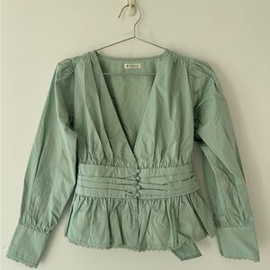 Japanese Vintage Mint Green V-Neck Women's Top
